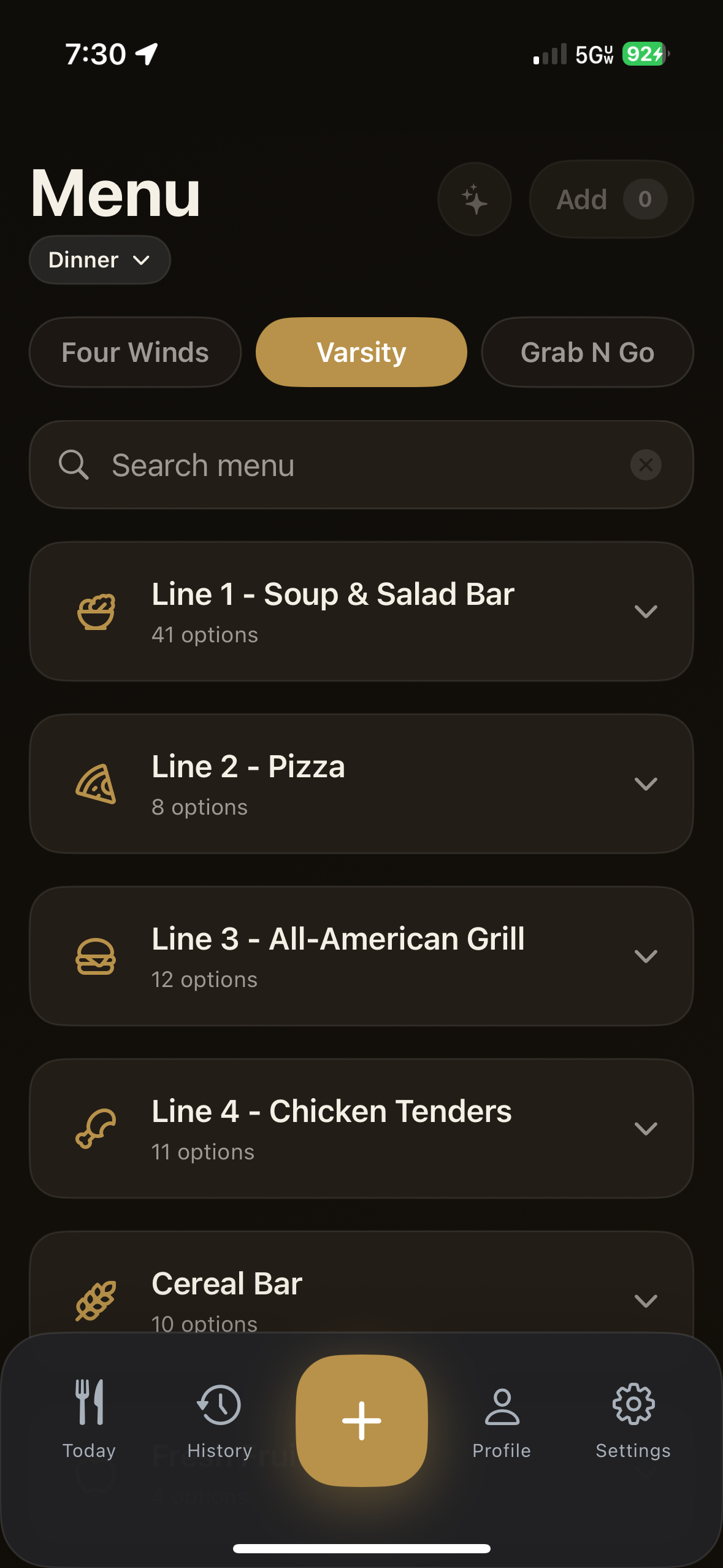 Campus dining menus screen